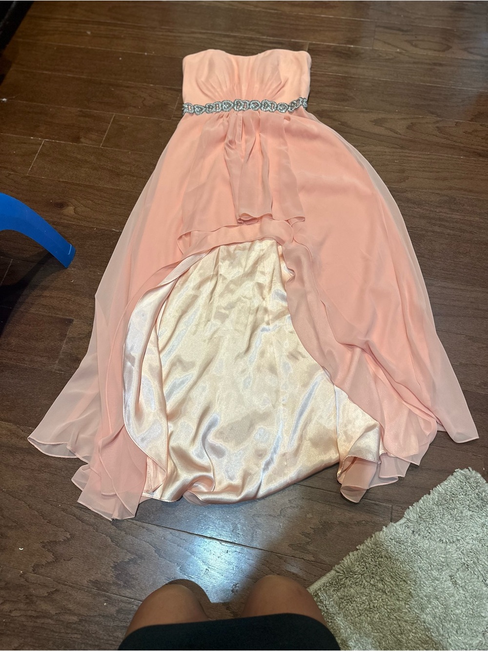 Xscape Peach Strapless High-Low Chiffon Dress with Jeweled Waist
